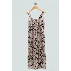 For You Sleepwear Satin Leopard Pattern Black Long Strap Nightgown