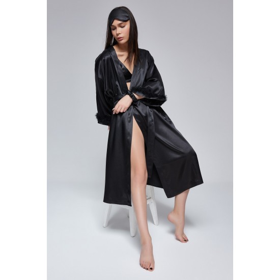 For You Moda Women's Black Sleeve Feather Detailed Satin Nightgown