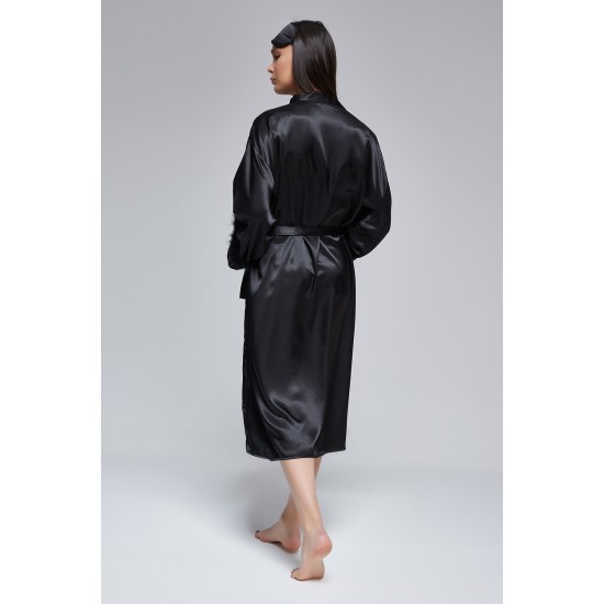 For You Moda Women's Black Sleeve Feather Detailed Satin Nightgown