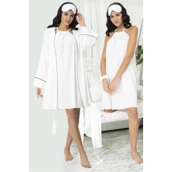 For You Moda Women's 5-Piece Organic Navy Blue Bias Nightgown Dressing Gown Set