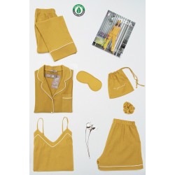 For You Moda Women's Organic 7 Piece White Pijama Set Mustard