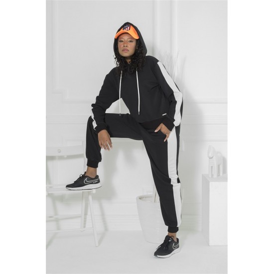 For You Moda Women's Hooded White Striped Tracksuit Set