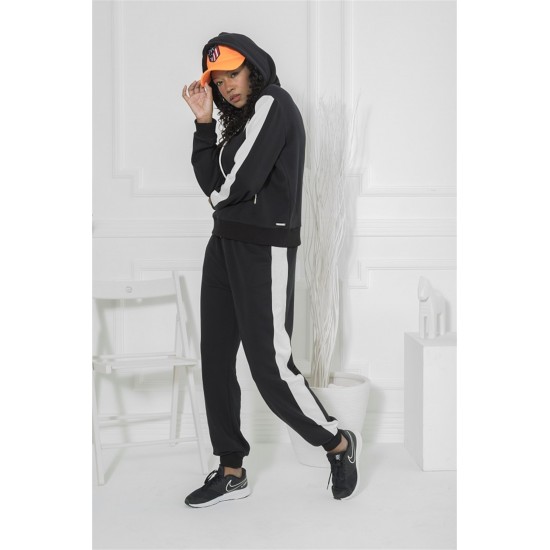 For You Moda Women's Hooded White Striped Tracksuit Set