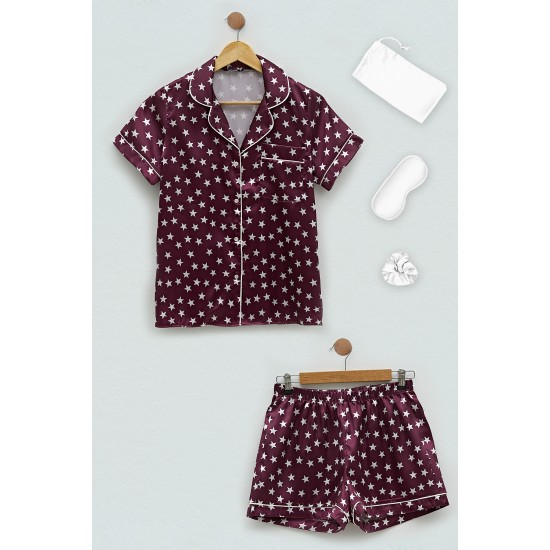 For you Sleepwear 5 Pcs Satin Star Printed Claret Red Pajama Shorts Set