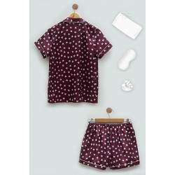 For you Sleepwear 5 Pcs Satin Star Printed Claret Red Pajama Shorts Set