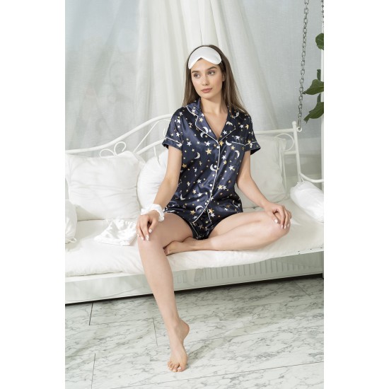 For You Sleepwear Satin 5 Pcs Star Leaf Dark Blue Pajama Shorts Set