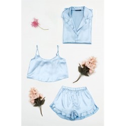 For You Sleepwear 3 Piece Satin Light Blue Shirt Shorts Pajamas Set