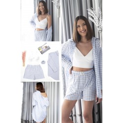 For You Moda Women's Oversize Loungewear Set of 4 Blue Check