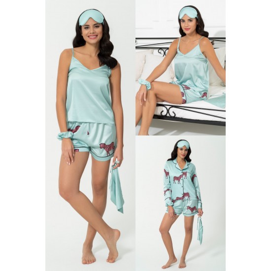 For You Sleepwear 6 Pcs Zebra Pattern Green Satin Pajama Shorts Set