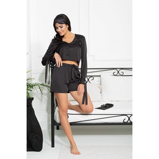 For you Sleepwear 5-Set Arm Tie Detail Black Pajama Shorts Set