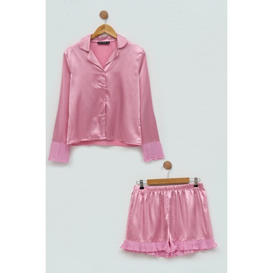 For You Sleepwear 2-pack Satin Pleat Detailed Pink Pajamas Shorts Set