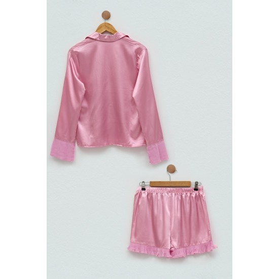 For You Sleepwear 2-pack Satin Pleat Detailed Pink Pajamas Shorts Set