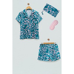 For You Sleepwear Satin 4 Pieces Flower Printed Pink Pajamas Shorts Set