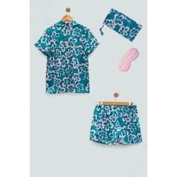 For You Sleepwear Satin 4 Pieces Flower Printed Pink Pajamas Shorts Set