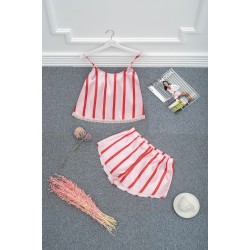 For You Moda Women's Red Pink Striped Satin Singlet Sort Pajamas Set