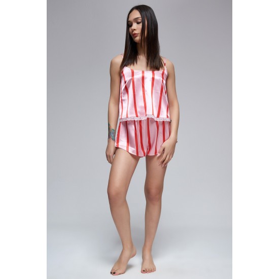 For You Moda Women's Red Pink Striped Satin Singlet Sort Pajamas Set