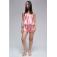 For You Moda Women's Red Pink Striped Satin Singlet Sort Pajamas Set