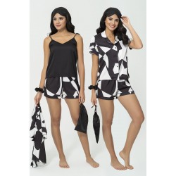 For You Sleepwear 6 Piece Patterned Black and White Satin Pajamas Shorts Set