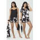 For You Sleepwear 6 Piece Patterned Black and White Satin Pajamas Shorts Set