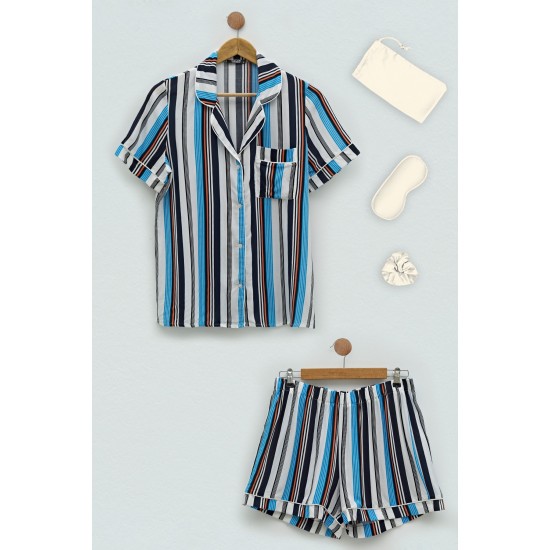 For You Moda Women's 5-Piece Navy Blue Striped Combed Cotton Pajamas Set