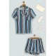 For You Moda Women's 5-Piece Navy Blue Striped Combed Cotton Pajamas Set