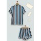 For You Moda Women's 5-Piece Navy Blue Striped Combed Cotton Pajamas Set