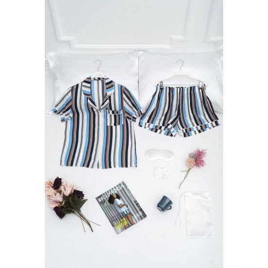 For You Moda Women's 5-Piece Navy Blue Striped Combed Cotton Pajamas Set