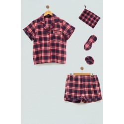 For You Sleepwear 5 Pieces Plaid Pattern Red Pajamas Shorts Set