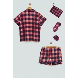 For You Sleepwear 5 Pieces Plaid Pattern Red Pajamas Shorts Set