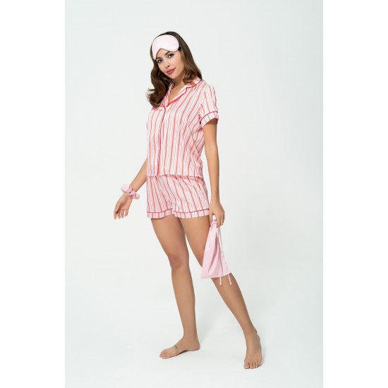 For You Sleepwear 5 Piece Striped Satin Pink Pajama Shorts Set