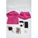 For You Moda Women's Satin Sleep Embroidered Fuchsia Pajama Shorts Set