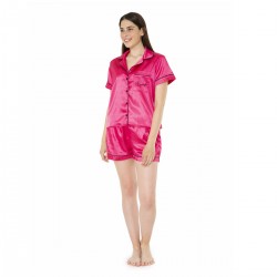 For You Moda Women's Satin Sleep Embroidered Fuchsia Pajama Shorts Set