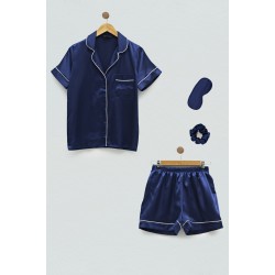 For You Sleepwear 4 Piece Boxed Satin Navy Blue Pajamas Shorts Set