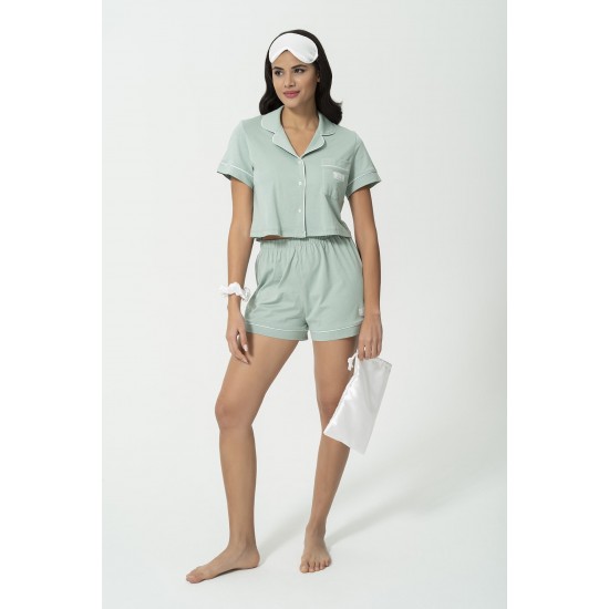 For You Sleepwear Combed Cotton 5-Piece Green Crop Pajamas Set