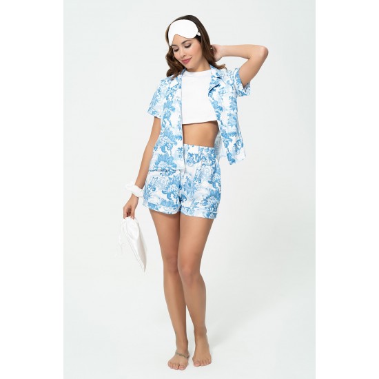 For You Sleepwear 6 Pcs Floral Pattern Blue Cotton Pajamas Shorts Set