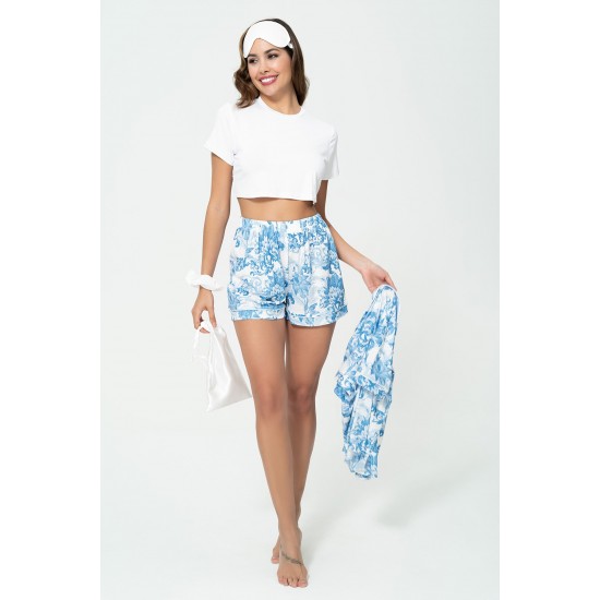 For You Sleepwear 6 Pcs Floral Pattern Blue Cotton Pajamas Shorts Set