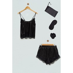 For You Sleepwear Satin 5 Piece Lace Black Athlete Shorts Set