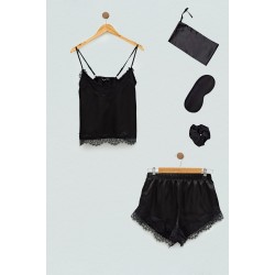 For You Sleepwear Satin 5 Piece Lace Black Athlete Shorts Set