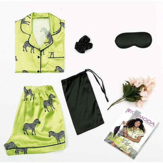 For You Moda Women's Satin 5-pack Zebra Green Pajamas Shorts Set