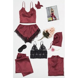 For You Moda Women's Satin 8 Pieces Lace Pajamas Set Claret Red