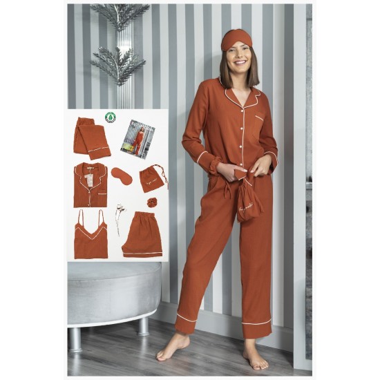 For You Moda Women's Organic 7 Pieces White Tie Pajamas Set Tile