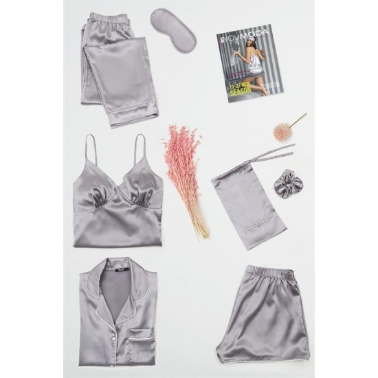 For You Moda Women's Satin 7 Piece Bustier Gray Pajama Set