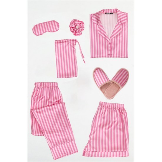 For You Moda Women's 7 Pieces Pink Cream Striped Satin Pajamas Set