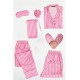 For You Moda Women's 7 Pieces Pink Cream Striped Satin Pajamas Set