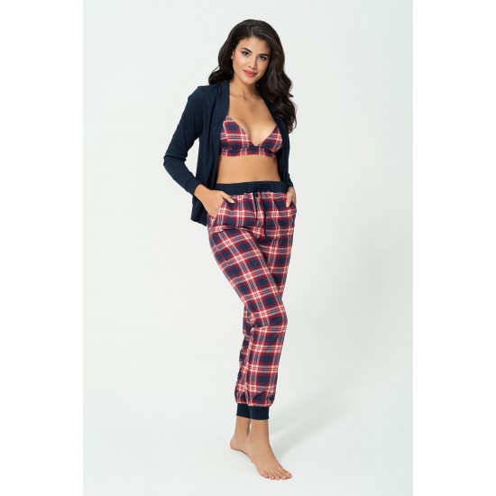 For You Loungewear 3-Piece Plaid Bustier Cardigan Navy Blue Set