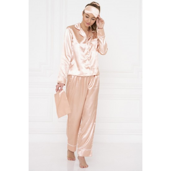 For You Moda Women's 7 Pieces White Piping Rose Gold Satin Pajamas Set