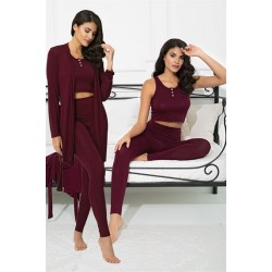 For You Sleepwear 3-Piece Combed Negligee Athlete Tights Claret Red Set