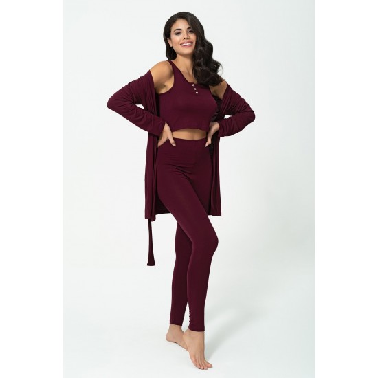 For You Sleepwear 3-Piece Combed Negligee Athlete Tights Claret Red Set