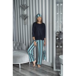 For You Sleepwear 5 Pcs Striped Viscose Navy Long Sleeve Pajamas Set