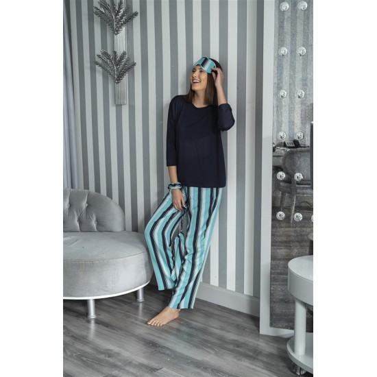 For You Sleepwear 5 Pcs Striped Viscose Navy Long Sleeve Pajamas Set